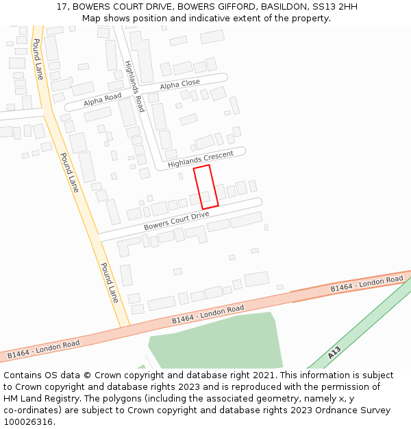 17, BOWERS COURT DRIVE, BOWERS GIFFORD, BASILDON, SS13 2HH: Location map and indicative extent of plot