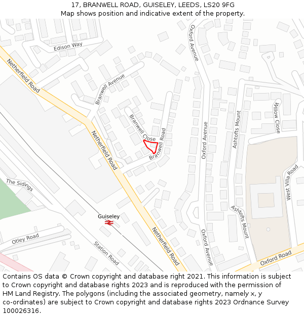 17, BRANWELL ROAD, GUISELEY, LEEDS, LS20 9FG: Location map and indicative extent of plot