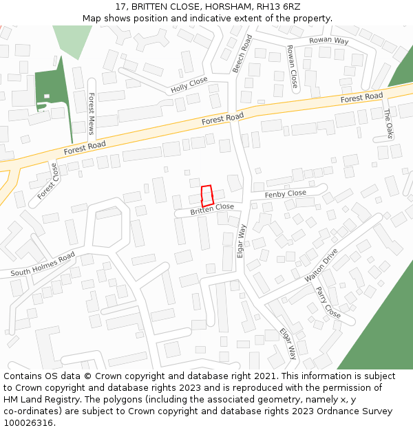 17, BRITTEN CLOSE, HORSHAM, RH13 6RZ: Location map and indicative extent of plot