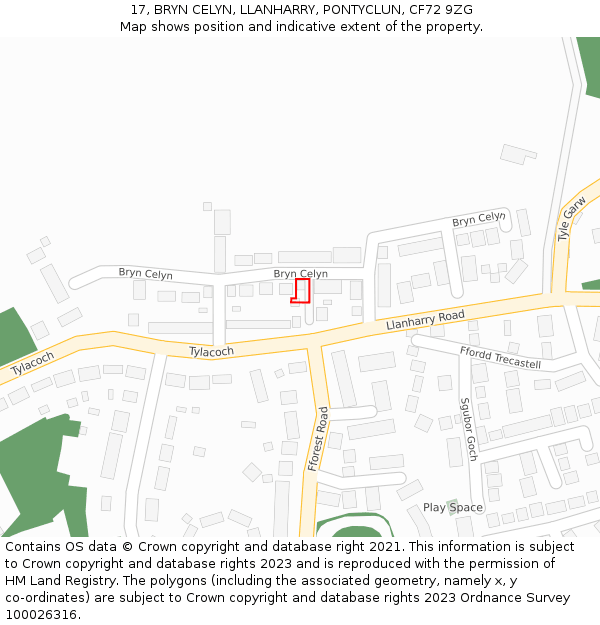 17, BRYN CELYN, LLANHARRY, PONTYCLUN, CF72 9ZG: Location map and indicative extent of plot