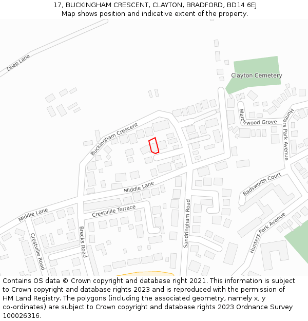 17, BUCKINGHAM CRESCENT, CLAYTON, BRADFORD, BD14 6EJ: Location map and indicative extent of plot