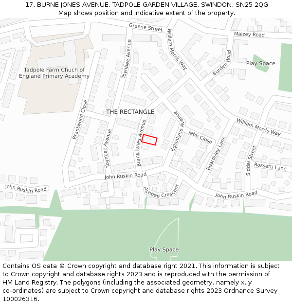 17, BURNE JONES AVENUE, TADPOLE GARDEN VILLAGE, SWINDON, SN25 2QG: Location map and indicative extent of plot