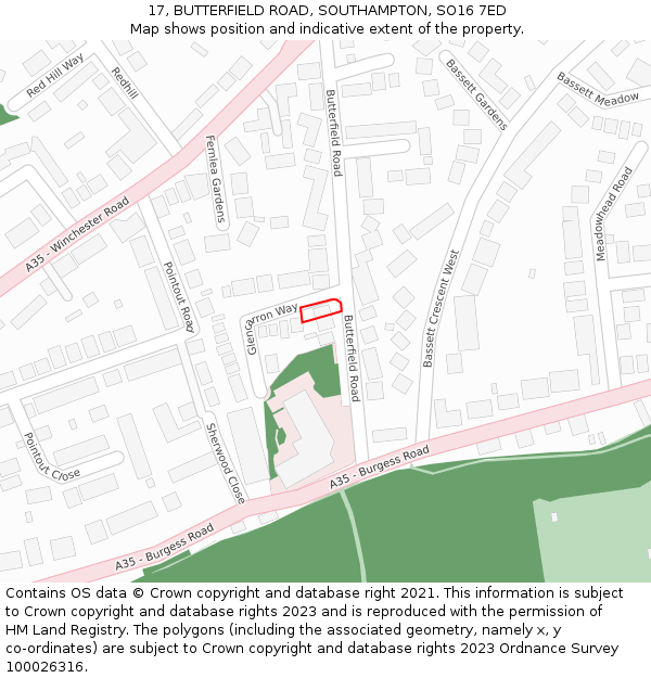 17, BUTTERFIELD ROAD, SOUTHAMPTON, SO16 7ED: Location map and indicative extent of plot