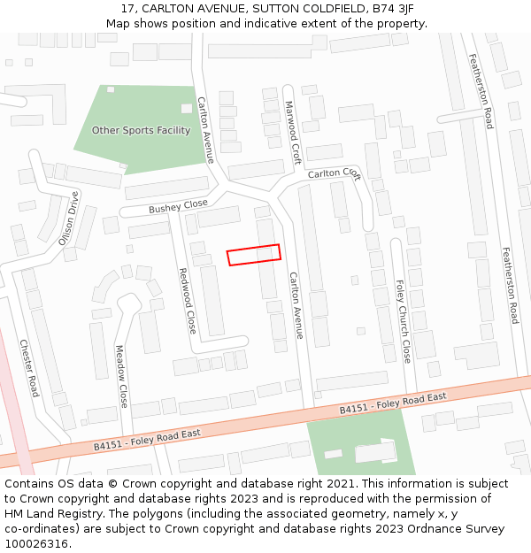 17, CARLTON AVENUE, SUTTON COLDFIELD, B74 3JF: Location map and indicative extent of plot