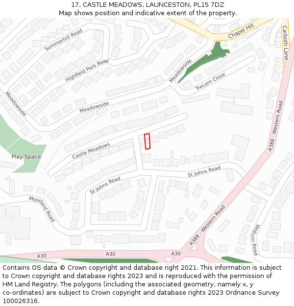 17, CASTLE MEADOWS, LAUNCESTON, PL15 7DZ: Location map and indicative extent of plot