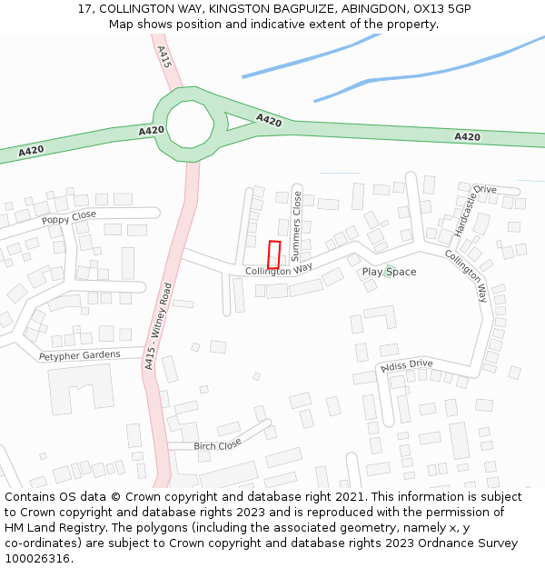 17, COLLINGTON WAY, KINGSTON BAGPUIZE, ABINGDON, OX13 5GP: Location map and indicative extent of plot