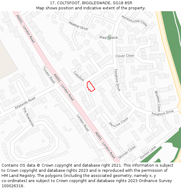 17, COLTSFOOT, BIGGLESWADE, SG18 8SR: Location map and indicative extent of plot