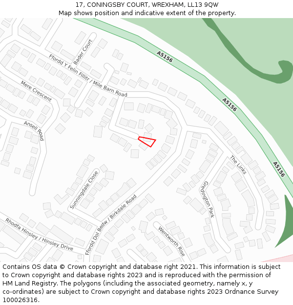 17, CONINGSBY COURT, WREXHAM, LL13 9QW: Location map and indicative extent of plot