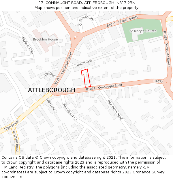 17, CONNAUGHT ROAD, ATTLEBOROUGH, NR17 2BN: Location map and indicative extent of plot