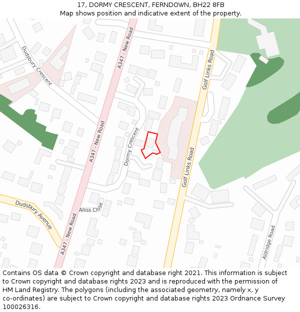 17, DORMY CRESCENT, FERNDOWN, BH22 8FB: Location map and indicative extent of plot