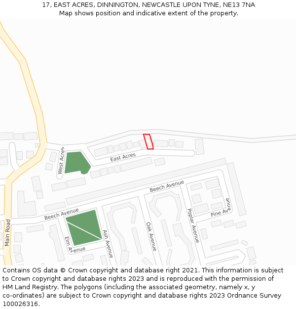 17, EAST ACRES, DINNINGTON, NEWCASTLE UPON TYNE, NE13 7NA: Location map and indicative extent of plot