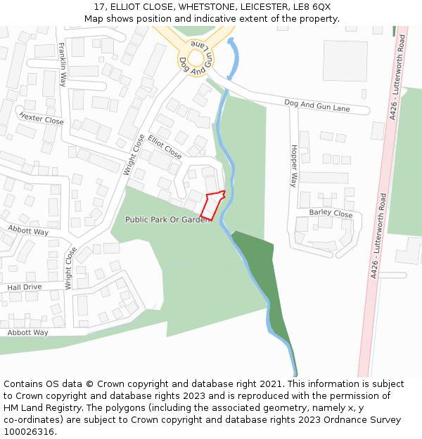 17, ELLIOT CLOSE, WHETSTONE, LEICESTER, LE8 6QX: Location map and indicative extent of plot