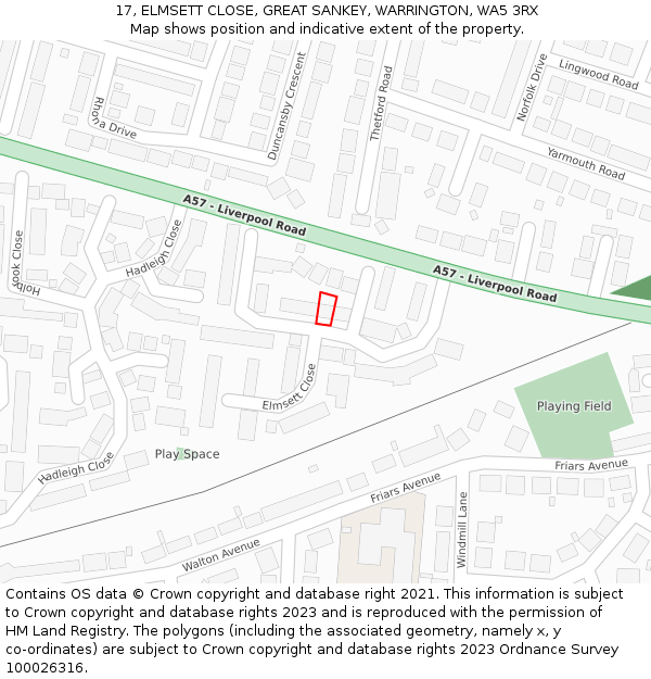 17, ELMSETT CLOSE, GREAT SANKEY, WARRINGTON, WA5 3RX: Location map and indicative extent of plot