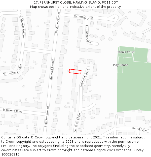 17, FERNHURST CLOSE, HAYLING ISLAND, PO11 0DT: Location map and indicative extent of plot