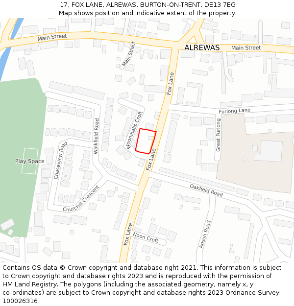 17, FOX LANE, ALREWAS, BURTON-ON-TRENT, DE13 7EG: Location map and indicative extent of plot