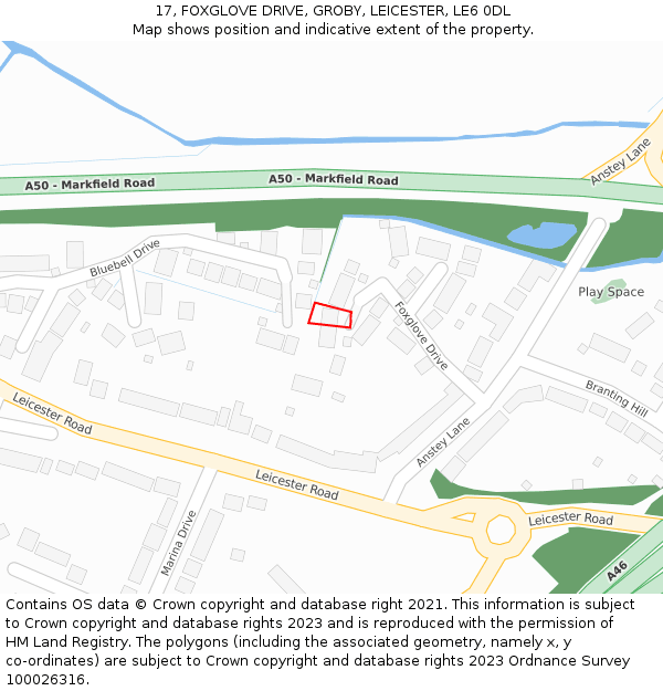 17, FOXGLOVE DRIVE, GROBY, LEICESTER, LE6 0DL: Location map and indicative extent of plot