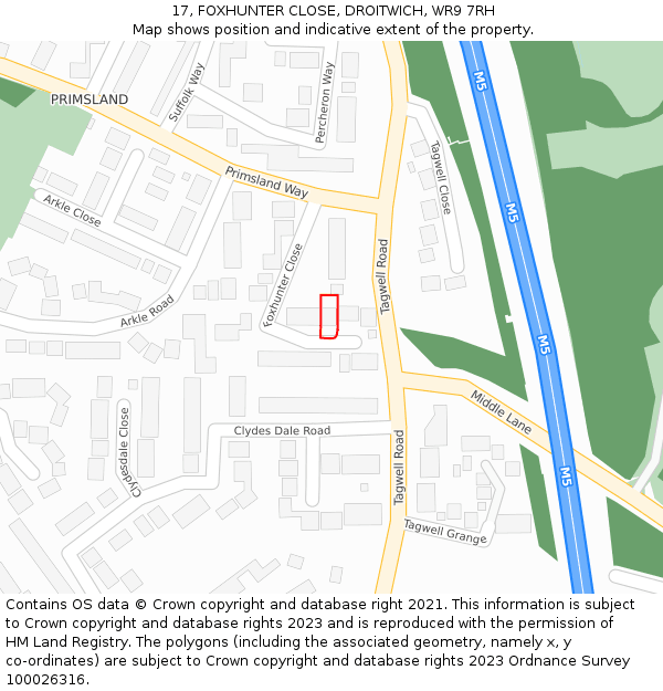 17, FOXHUNTER CLOSE, DROITWICH, WR9 7RH: Location map and indicative extent of plot