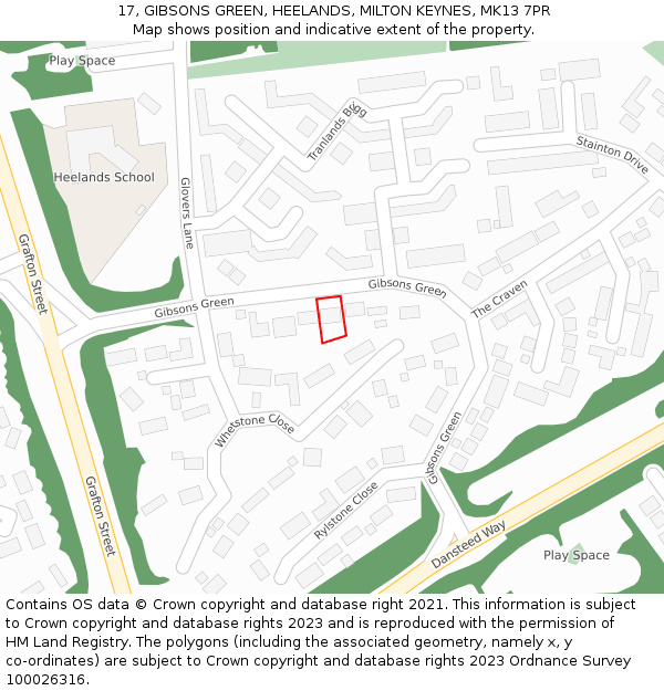 17, GIBSONS GREEN, HEELANDS, MILTON KEYNES, MK13 7PR: Location map and indicative extent of plot