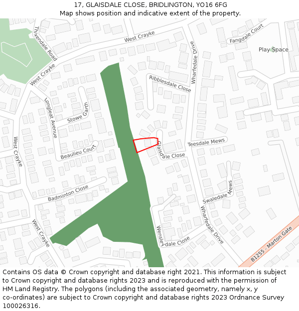 17, GLAISDALE CLOSE, BRIDLINGTON, YO16 6FG: Location map and indicative extent of plot