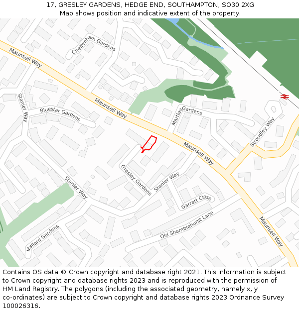 17, GRESLEY GARDENS, HEDGE END, SOUTHAMPTON, SO30 2XG: Location map and indicative extent of plot