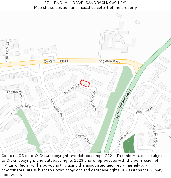 17, HENSHALL DRIVE, SANDBACH, CW11 1YN: Location map and indicative extent of plot