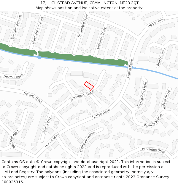17, HIGHSTEAD AVENUE, CRAMLINGTON, NE23 3QT: Location map and indicative extent of plot