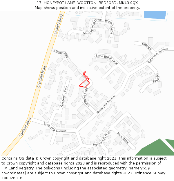 17, HONEYPOT LANE, WOOTTON, BEDFORD, MK43 9QX: Location map and indicative extent of plot