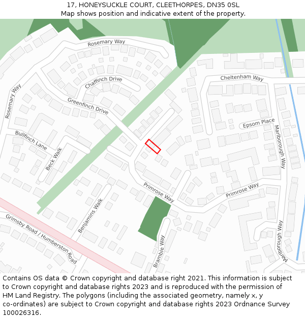 17, HONEYSUCKLE COURT, CLEETHORPES, DN35 0SL: Location map and indicative extent of plot