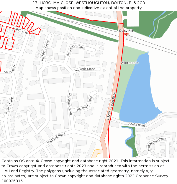 17, HORSHAM CLOSE, WESTHOUGHTON, BOLTON, BL5 2GR: Location map and indicative extent of plot