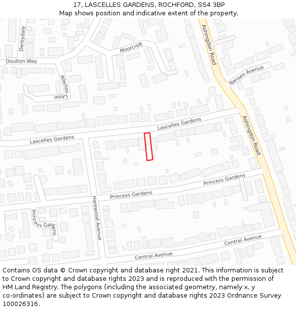 17, LASCELLES GARDENS, ROCHFORD, SS4 3BP: Location map and indicative extent of plot