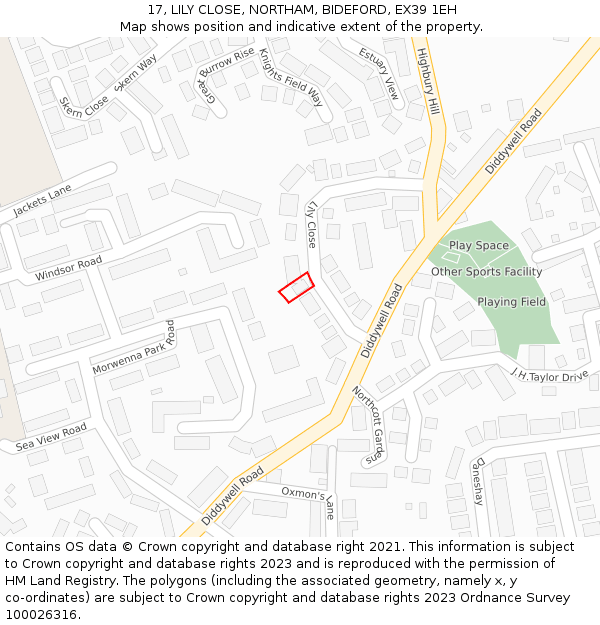 17, LILY CLOSE, NORTHAM, BIDEFORD, EX39 1EH: Location map and indicative extent of plot