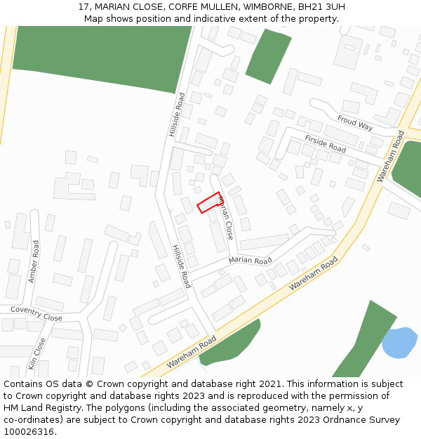 17, MARIAN CLOSE, CORFE MULLEN, WIMBORNE, BH21 3UH: Location map and indicative extent of plot