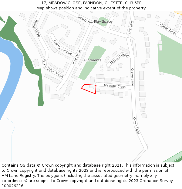 17, MEADOW CLOSE, FARNDON, CHESTER, CH3 6PP: Location map and indicative extent of plot