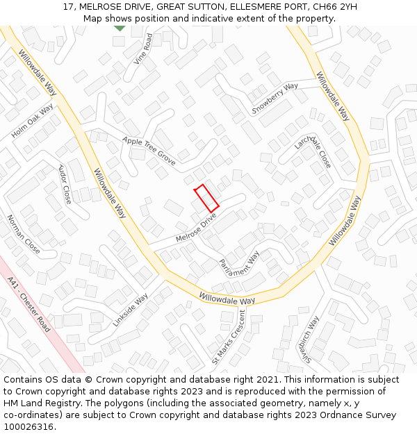 17, MELROSE DRIVE, GREAT SUTTON, ELLESMERE PORT, CH66 2YH: Location map and indicative extent of plot