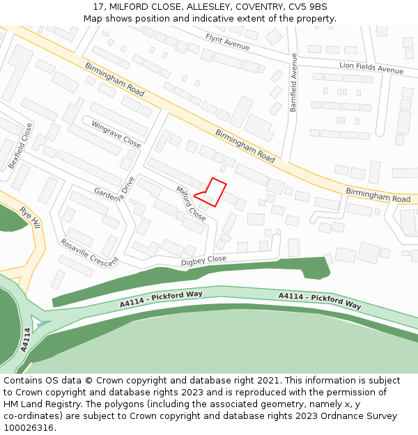 17, MILFORD CLOSE, ALLESLEY, COVENTRY, CV5 9BS: Location map and indicative extent of plot