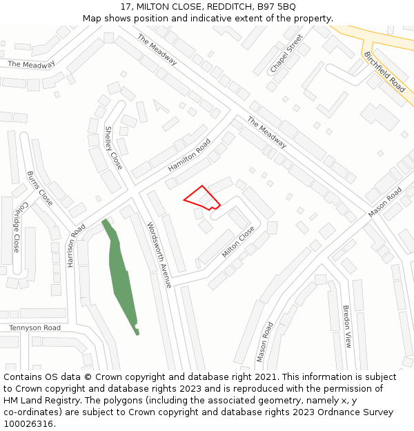 17, MILTON CLOSE, REDDITCH, B97 5BQ: Location map and indicative extent of plot