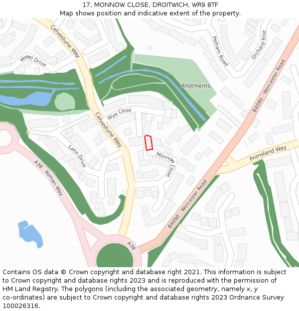 17, MONNOW CLOSE, DROITWICH, WR9 8TF: Location map and indicative extent of plot