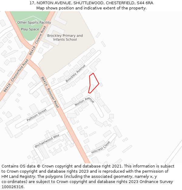 17, NORTON AVENUE, SHUTTLEWOOD, CHESTERFIELD, S44 6RA: Location map and indicative extent of plot