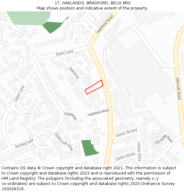 17, OAKLANDS, BRADFORD, BD10 8RG: Location map and indicative extent of plot