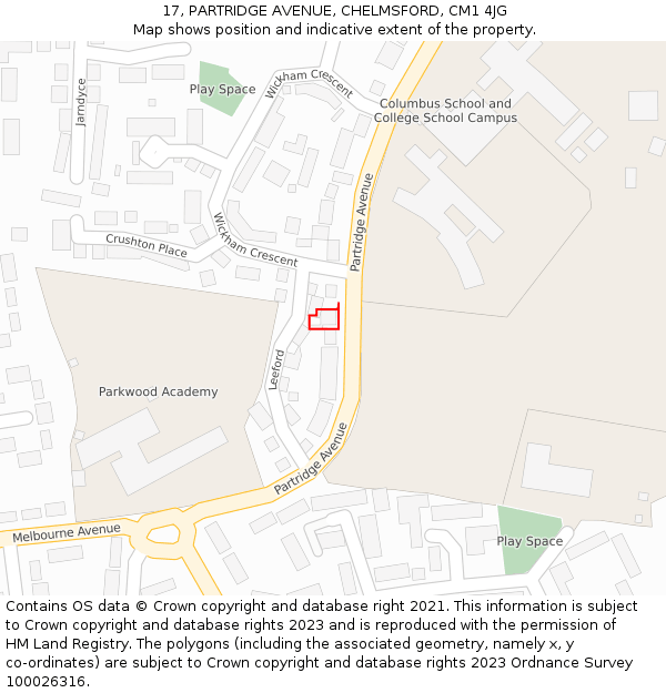 17, PARTRIDGE AVENUE, CHELMSFORD, CM1 4JG: Location map and indicative extent of plot