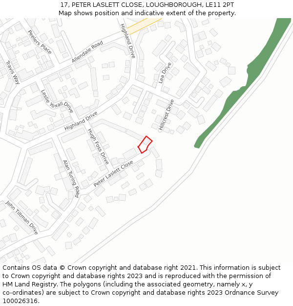 17, PETER LASLETT CLOSE, LOUGHBOROUGH, LE11 2PT: Location map and indicative extent of plot