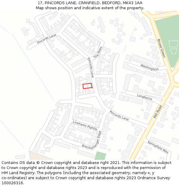 17, PINCORDS LANE, CRANFIELD, BEDFORD, MK43 1AA: Location map and indicative extent of plot