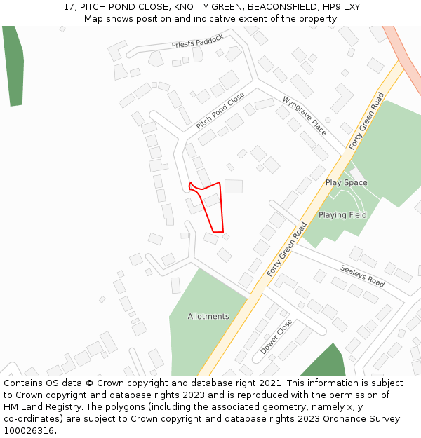 17, PITCH POND CLOSE, KNOTTY GREEN, BEACONSFIELD, HP9 1XY: Location map and indicative extent of plot