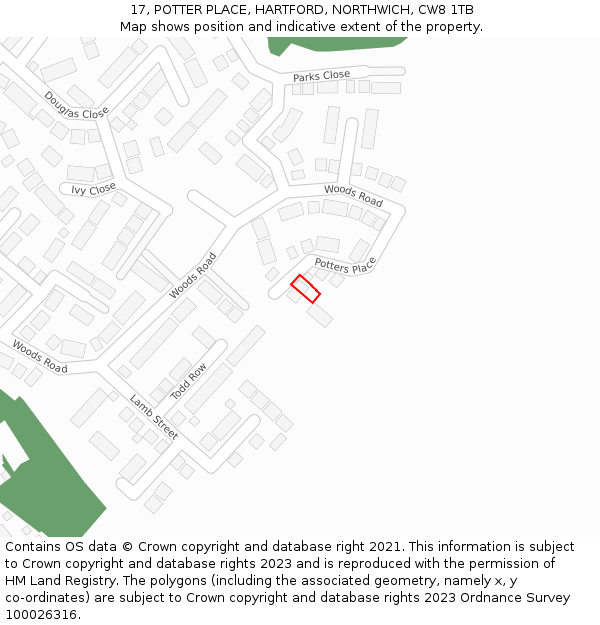 17, POTTER PLACE, HARTFORD, NORTHWICH, CW8 1TB: Location map and indicative extent of plot