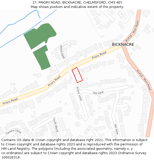 17, PRIORY ROAD, BICKNACRE, CHELMSFORD, CM3 4EY: Location map and indicative extent of plot