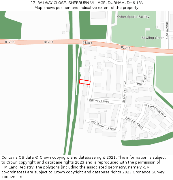 17, RAILWAY CLOSE, SHERBURN VILLAGE, DURHAM, DH6 1RN: Location map and indicative extent of plot