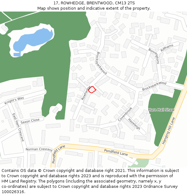 17, ROWHEDGE, BRENTWOOD, CM13 2TS: Location map and indicative extent of plot