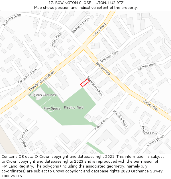 17, ROWINGTON CLOSE, LUTON, LU2 9TZ: Location map and indicative extent of plot