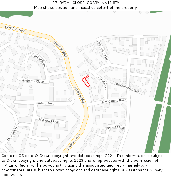 17, RYDAL CLOSE, CORBY, NN18 8TY: Location map and indicative extent of plot