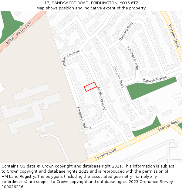 17, SANDSACRE ROAD, BRIDLINGTON, YO16 6TZ: Location map and indicative extent of plot